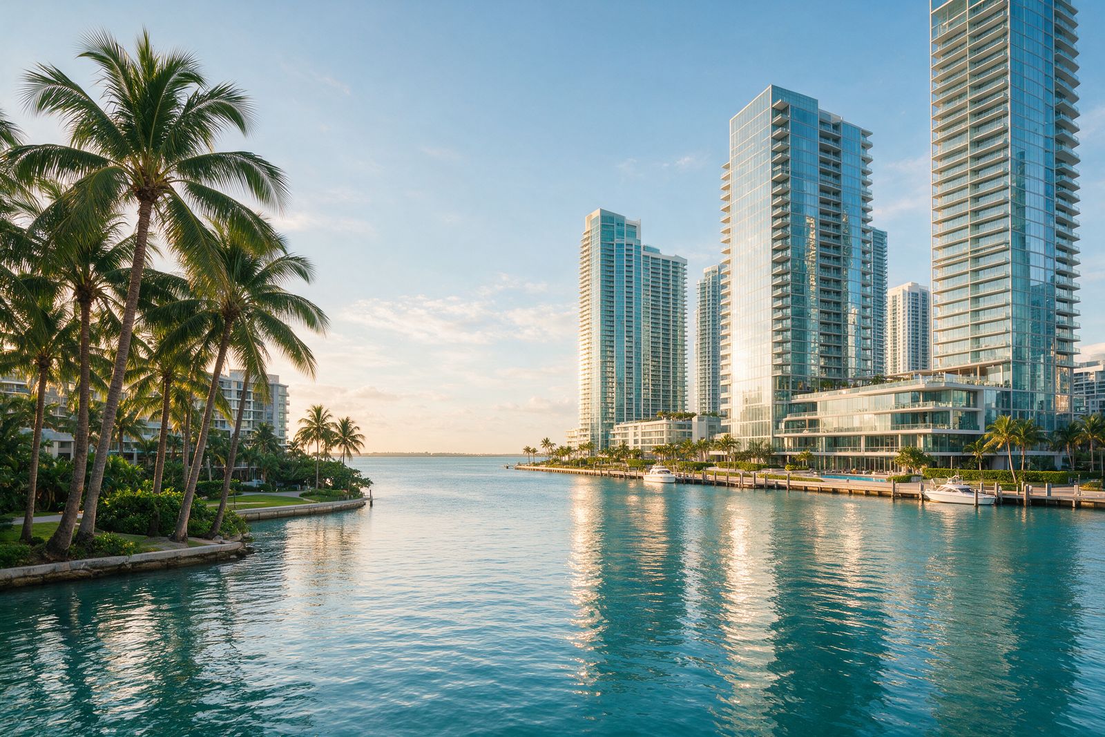 Waterfront high-rises and palm trees in Miami, Florida